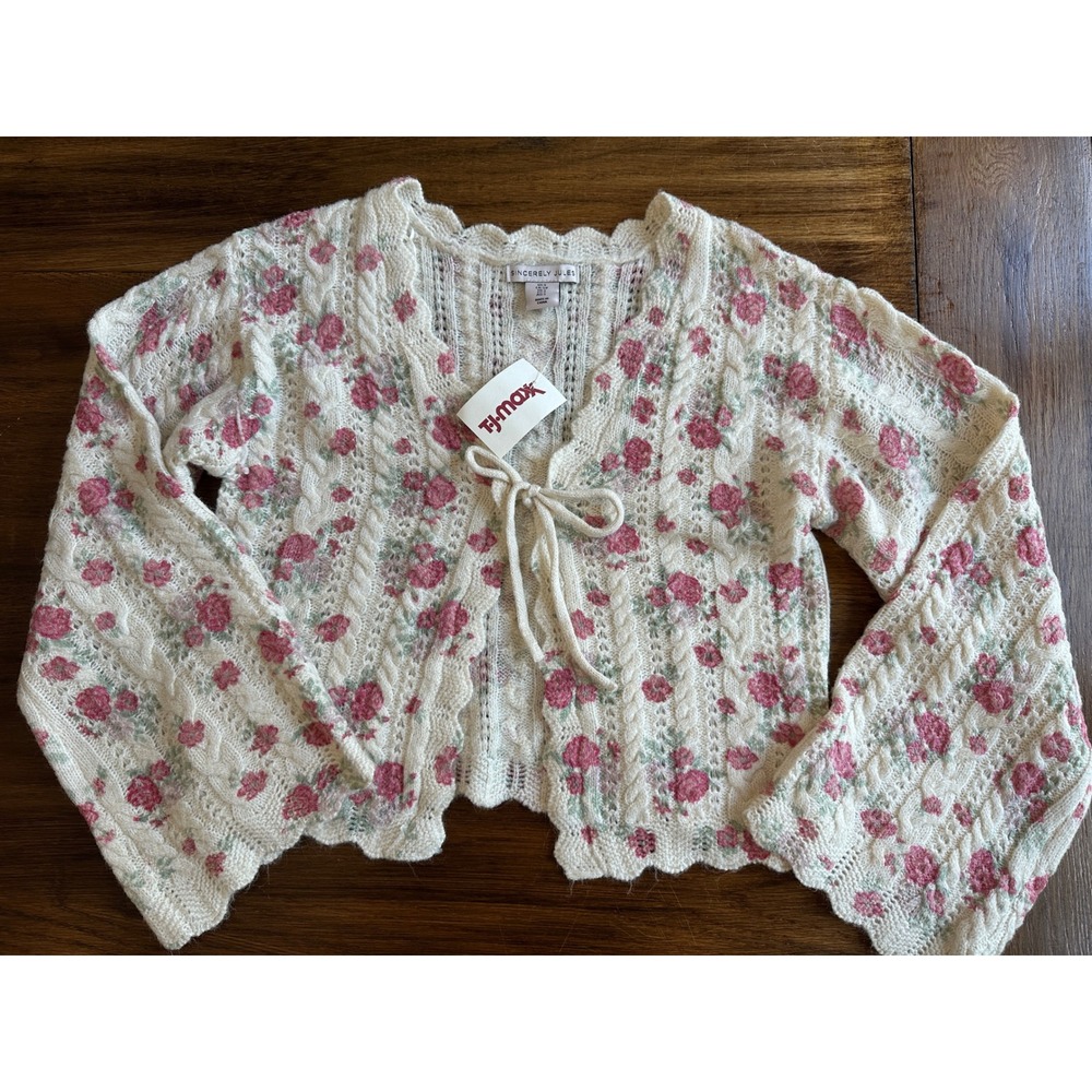Sincerely Jules Floral Pointelle Knit Tie Front Cardigan Pink Cream Small NEW